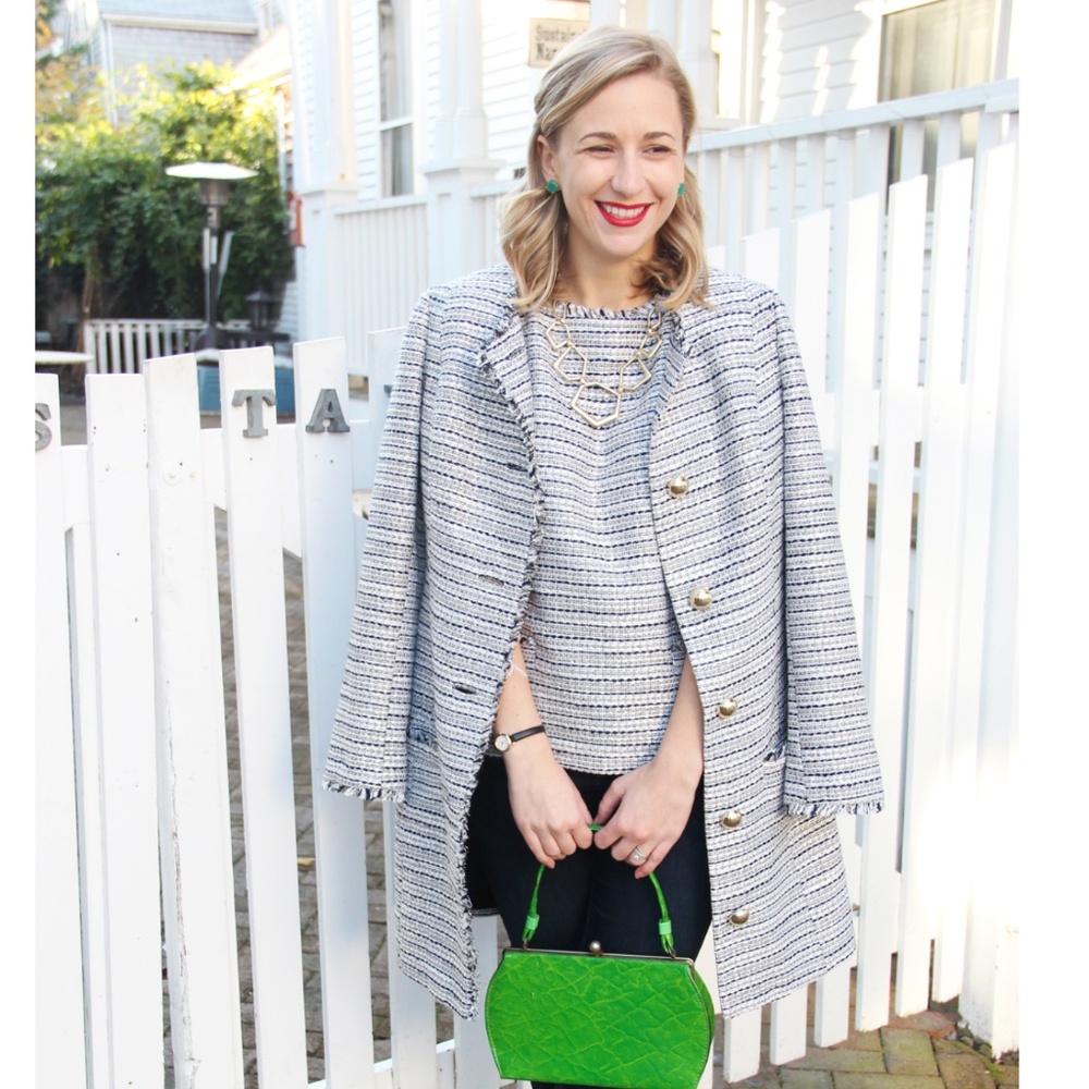Sail to Sable Blue, White, and Metallic Tweed Jacket Coat Small